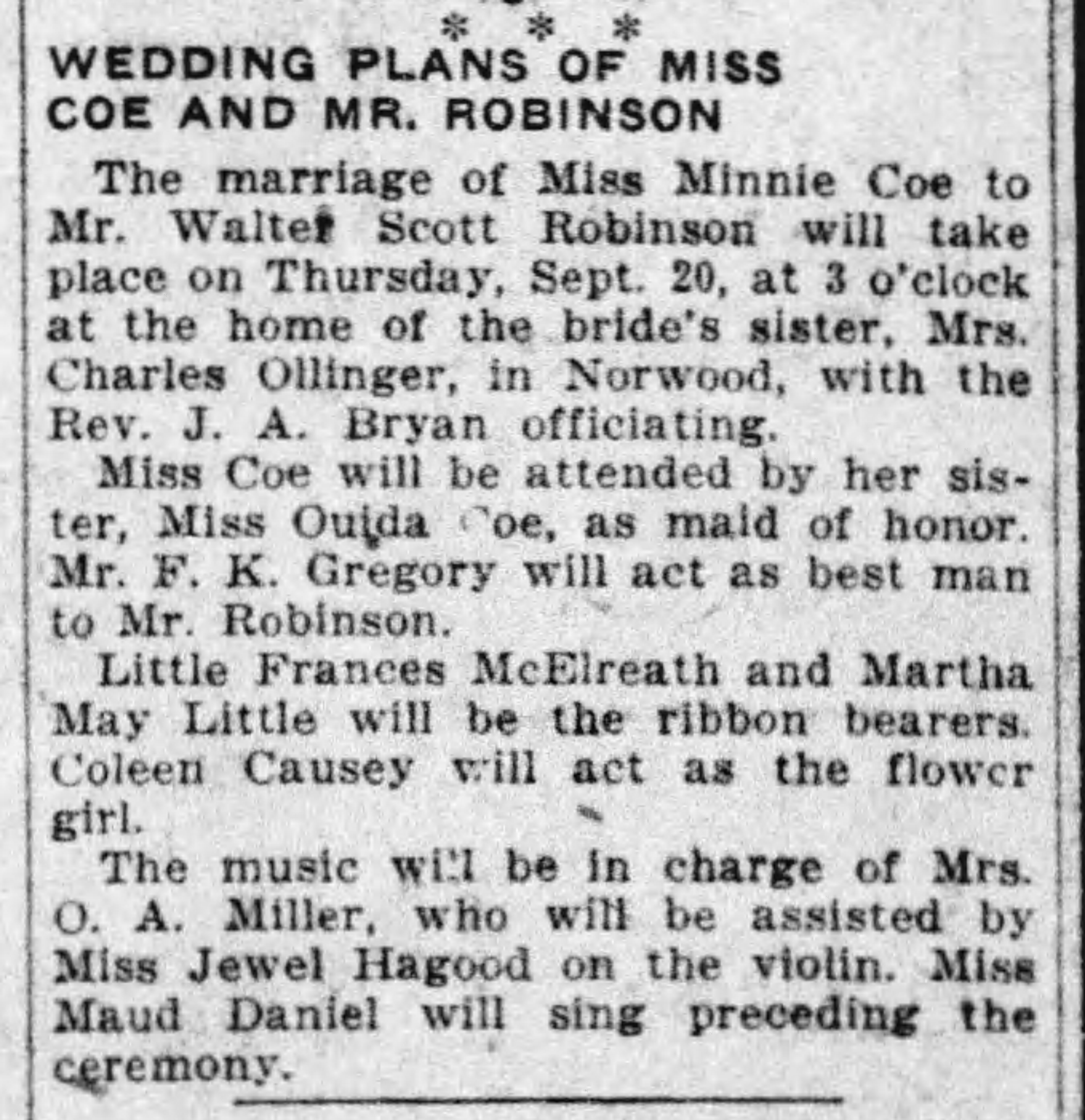Wedding Plans of Ms. Coe and Mr. Robinson